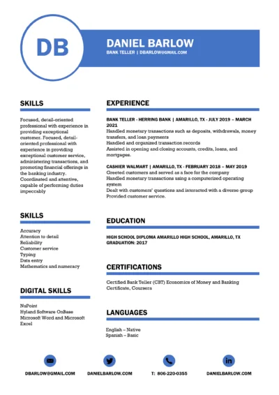 Bank Teller Free Resume Example to download in word