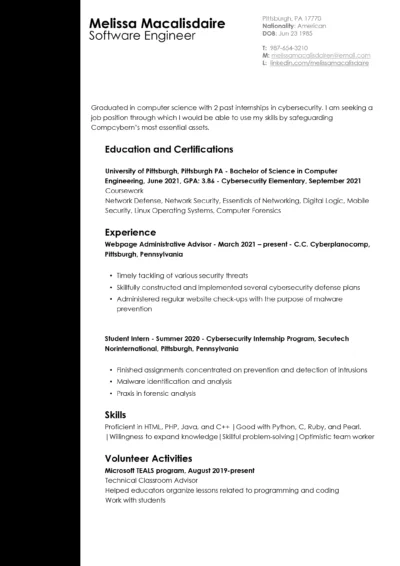 Computer Science Resume Free Example to download in word