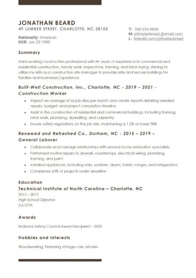 Construction Worker Resume Example to download in word for free