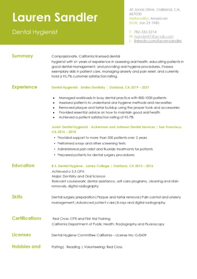 Dental Hygienist Resume Example to download in word