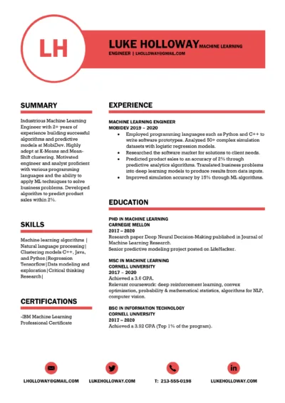 Machine Learning Resume Example to download in word