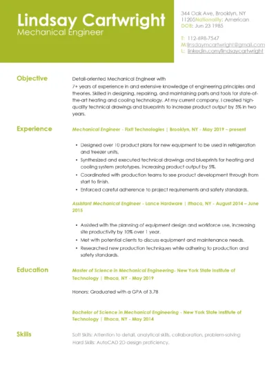 Mechanical Engineer Resume Example to download in word