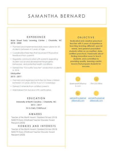 Preschool Teacher Resume Example to download in word