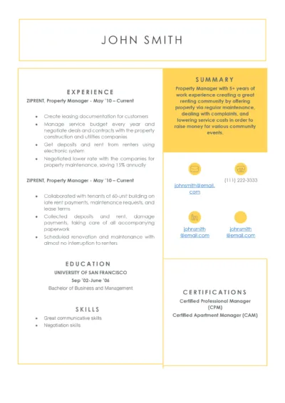 Property Manager Resume Example to download in word