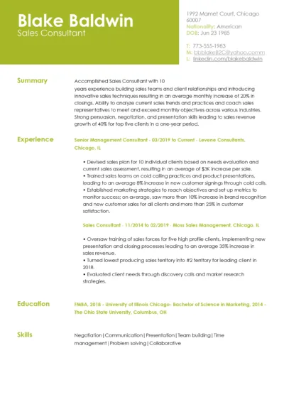 Sales Consultant Resume Example to download in word