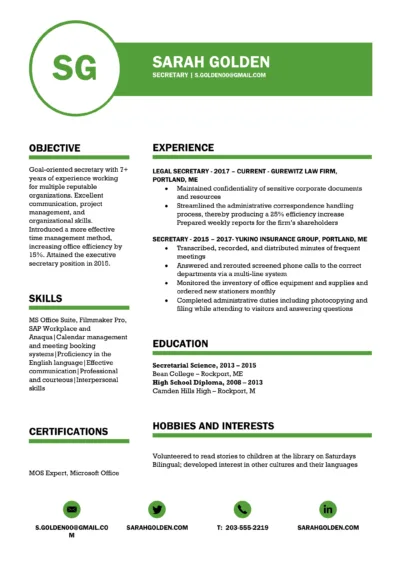 Secretary Resume Example to download in word