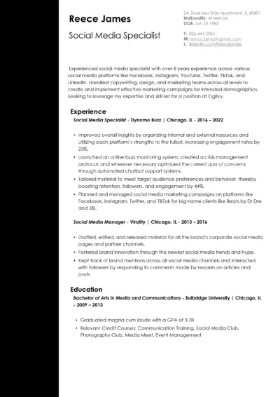 Social Media Specialist Resume Example to download in word