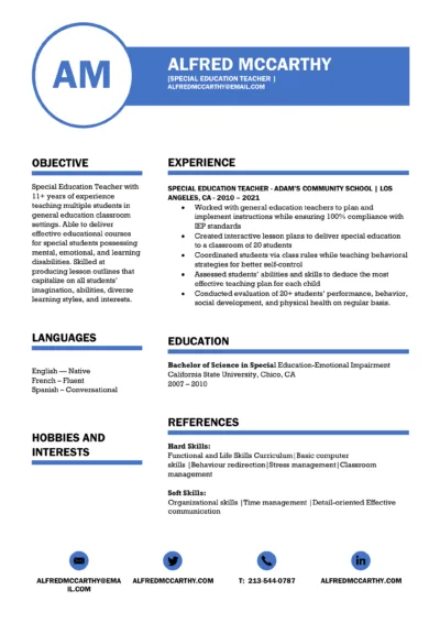 Special Education Teacher Resume Example to download in word for free