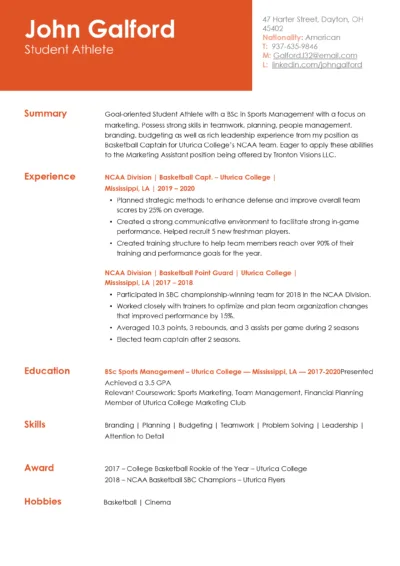 Student Athlete Resume Example free to download in word