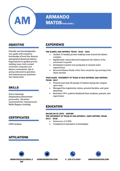 Tour Guide Resume Example to download in word