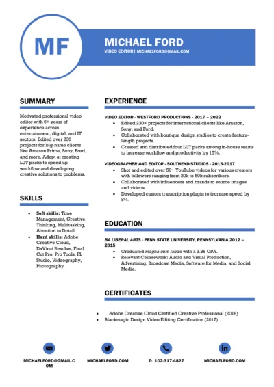 Video Editor Resume Example to download in word