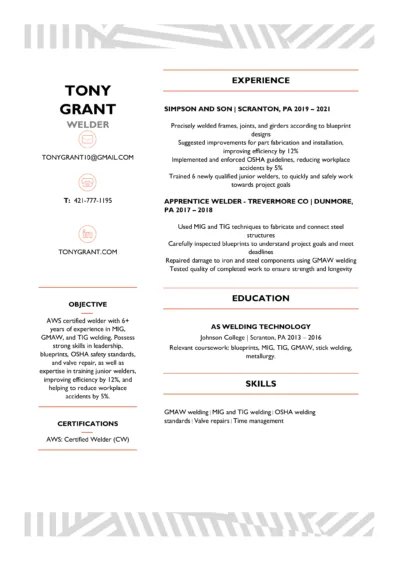 Welder Resume Example to download in word for free