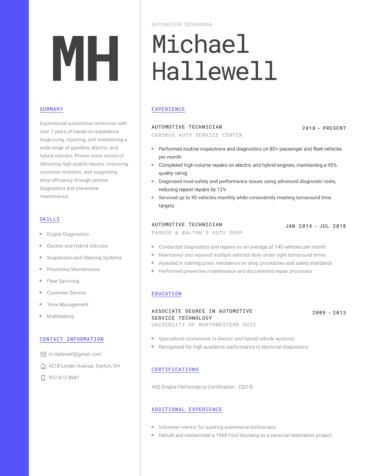 automotive technician resume example