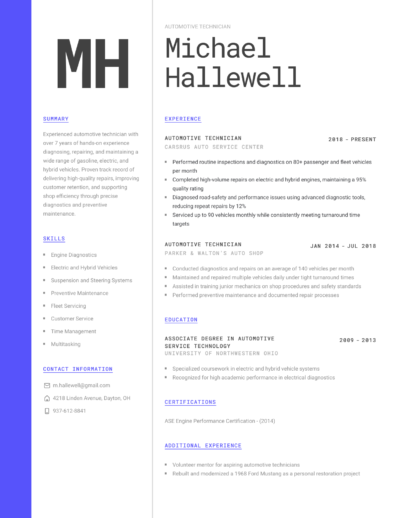 automotive technician resume example