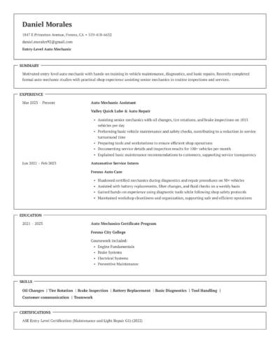 entry level auto mechanic resume example