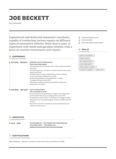 experienced auto mechanic resume example