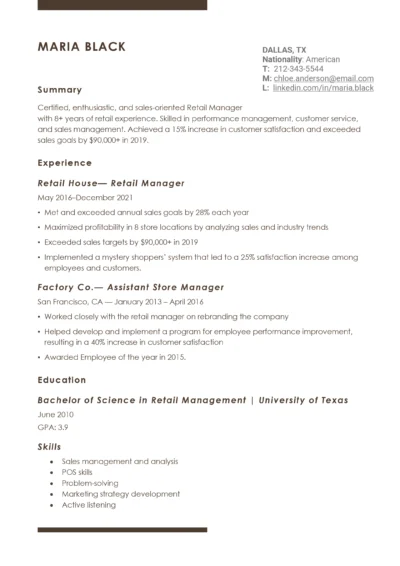 Retail Manager Resume Example to download in word