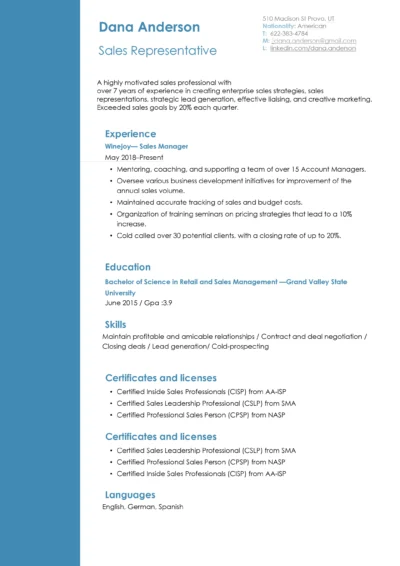 Sales Representative Resume Example to download in word