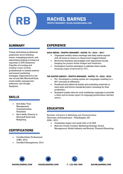 Traffic Manager Resume Example to download in word