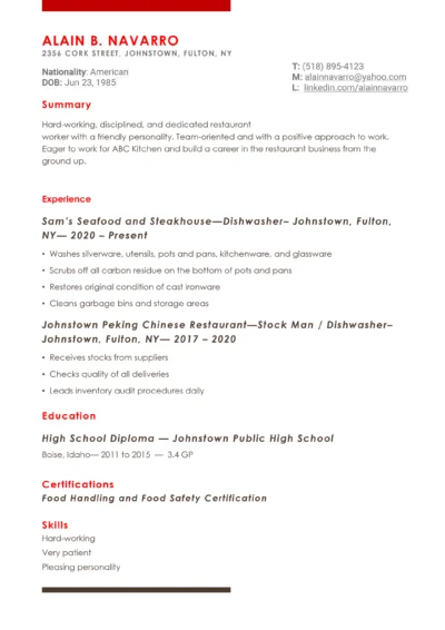 Dishwasher Resume Example to download in word