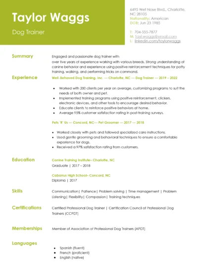 Dog Trainer Resume Example to download in word