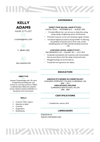 Hair Stylist Resume Example to download in word