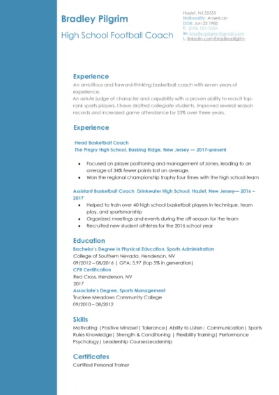 High School Coach Resume Example to download in Word