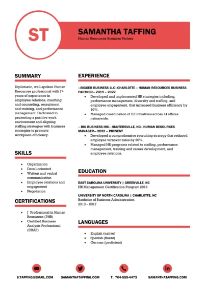 Human Resources Business Partner Resume Example to download in Word