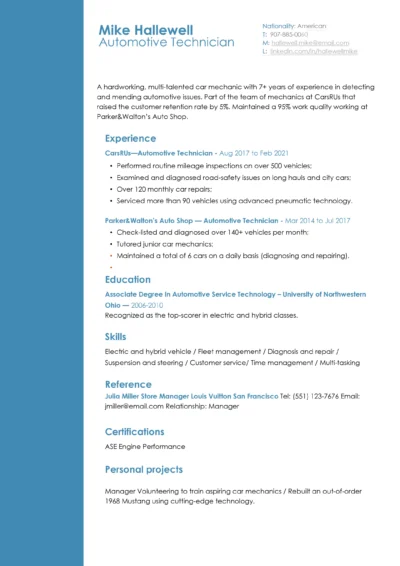 Automotive Technician Resume Example to download in Word