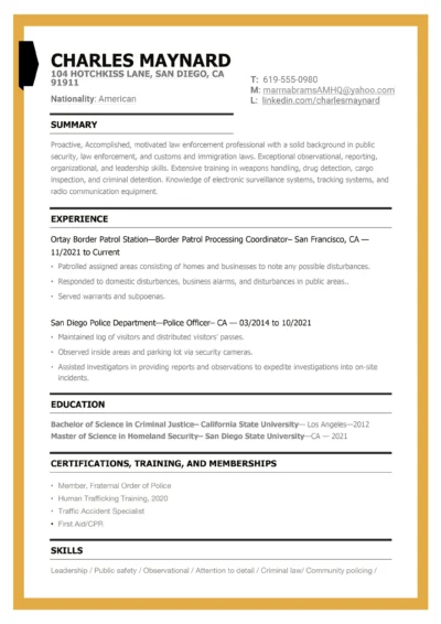 Border Patrol Resume Example to download in Word
