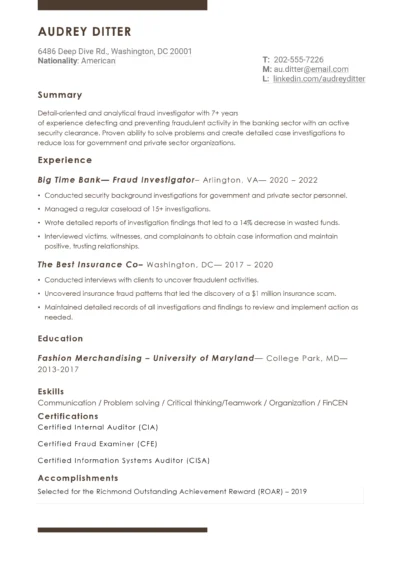 Fraud Investigator Resume Example to download in Word