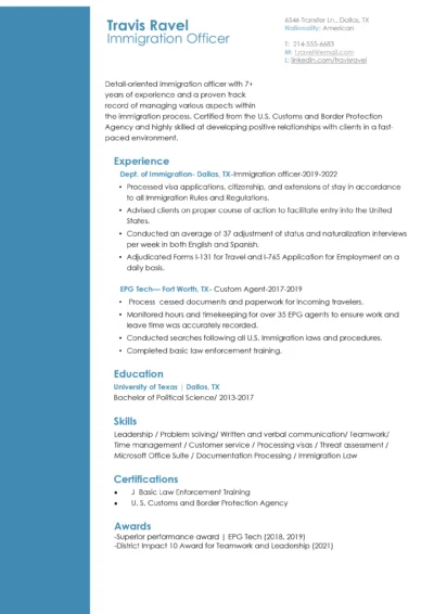 Immigration Officer Resume Example to download in Word