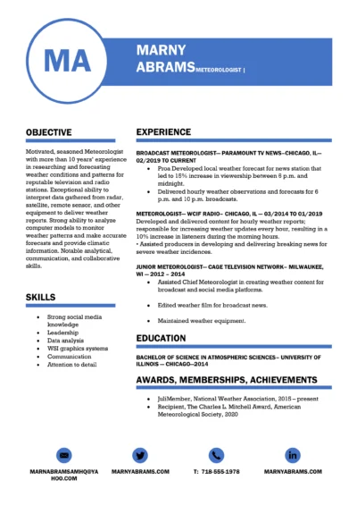 Meteorologist Resume Example to download in Word