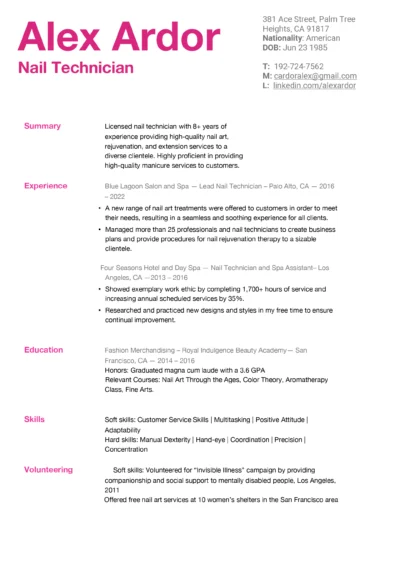 Nail Technician Resume Example to download in Word