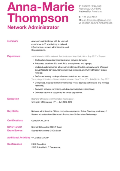 Network Administrator Resume Example to download in Word