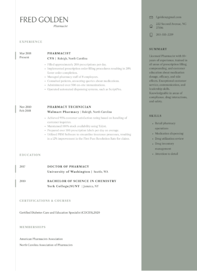 experiened pharmacist resume