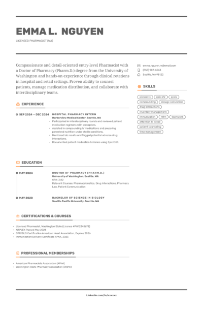 entry level pharmacist resume example