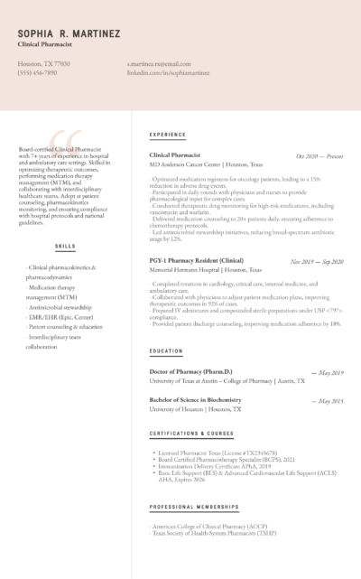 clinical pharmacist resume example