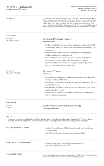 certified personal trainer resume example