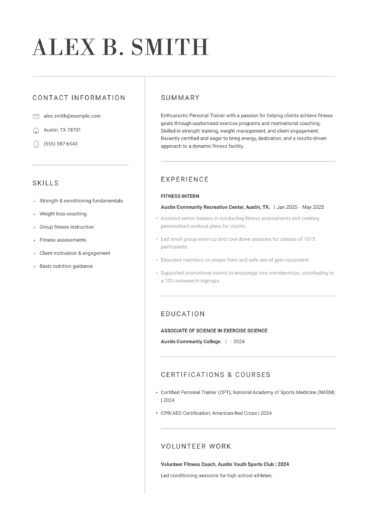 entry level personal trainer resume example