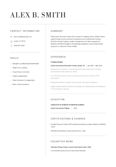 entry level personal trainer resume example