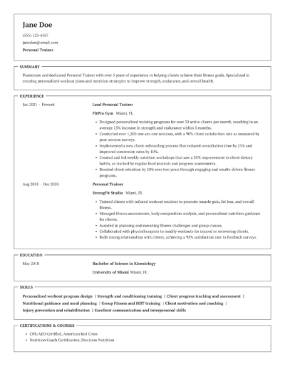 experienced personal trainer resume example