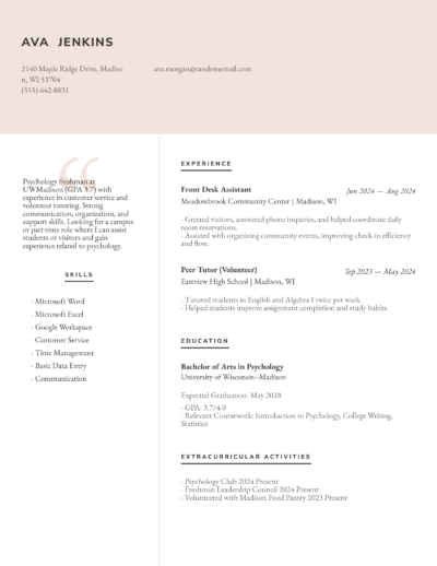 College Freshman resume example