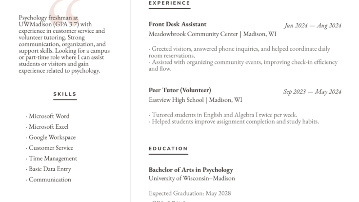 College Freshman resume example