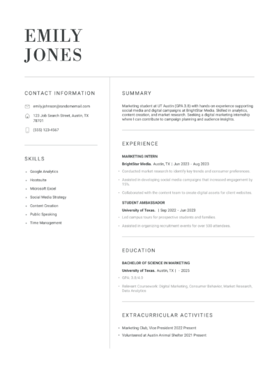 college student resume example
